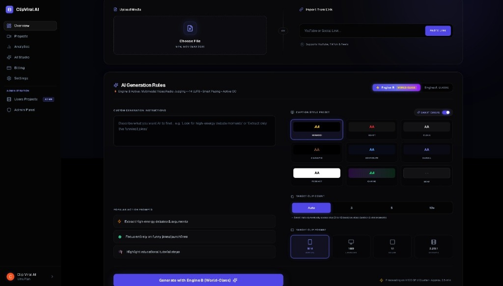 ClipViralAI real dashboard interface showing media ingestion and rules