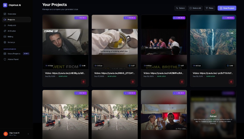 ClipViralAI project library showing completed multi-clip batches